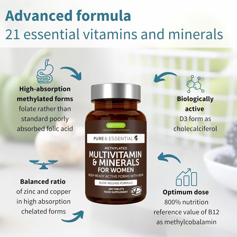 Igennus Methylated Women's Multivitamin with Gentle Iron, 21 Active Nutrients,