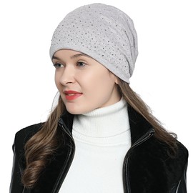 DonDon Women's Slouch Beanie with strass rhinestones and soft inner lining - Light grey
