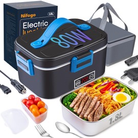 Nifogo Electric Lunch Box for Adults 80W with Temperature Display Heated Lunch Box Food Warmer Lunch Box 1.8L Stainless Steel Container&Bag 12V/24V/110V for Car/Truck/Work(Blue)