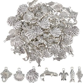 Hobbspring 93Pcs Marine Life Charms 7 Styles Antique Silver Alloy Ocean Animals Charms Tibetan Seashell Fish Tortoise Pendants for Jewelry Necklace Bracelets Earrings Making DIY Crafts