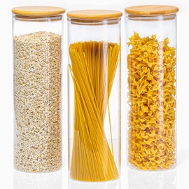 Crutello Glass Food Storage Containers with Bamboo Lids, 3 Pack - 72 Fluid oz Airtight Clear Kitchen Organization Canisters - A Family-Owned American Brand