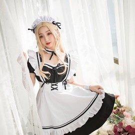 LISANEK Maid Outfit Anime Cosplay Lolita Maid Dress French Maid Costume Plush cat ear Socks set (L, Black)