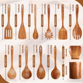 Mooues 12 Piece Wooden Spoons for Cooking, Wooden Utensils for Cooking with Utensils Holder, Natural Teak Wooden Kitchen Utensils Set with Wooden Spoon Rest, Comfort Grip
