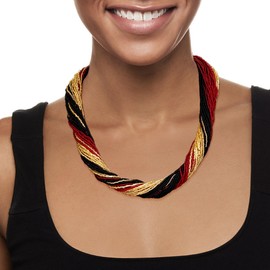 Ross-Simons Italian Red, Black and Gold Murano Glass Bead Torsade Necklace in 18kt Gold Over Sterling. 20 inches