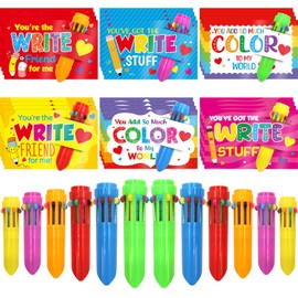 WorldBazaar Valentines Day Cards And Ballpoint Pens Kids Valentine's Day Gifts Classroom Exchange 24 Pack Mini Shuttle Pens Multicolored Retractable School Supplies Party Favors