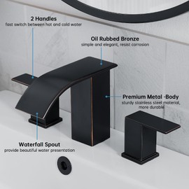 RUMOSE 8 inch Bathroom Faucets Set Oil Rubbed Bronze Bathroom Sink Faucet 3 Hole with Pop Up Drain Widespread 2 Handles Stainless Steel Lavatory Vanity Faucet Waterfall Bathroom Faucet Deck Mounted