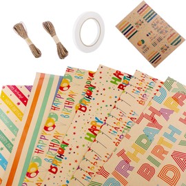 Birthday Wrapping Paper Sheet - 6 Sheets Folded Flat with 9 Gift Tags for Birthday Party Baby Shower and More