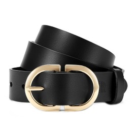 CR Womens Black Leather Belts for Jeans Pants - 1.3" Width Casual Ladies Belt - Fashion Center Bar Gold Buckle