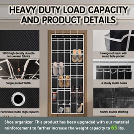 30 Compartment Breathable Mesh Pocket Over the Door Hanging Shoe Organizer, Closet Shoe Organizer, Large Men's and Women's Shoe Organizer, Hanging Over the Door Shoe Organizer (Updated Model-Black)