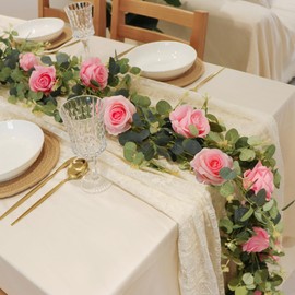 MoonFaFaFa 6.7FT Artificial Eucalyptus Garland with 12 Pink Roses Faux Silk Flower Vine for Home Decor Wedding Arch Party Backdrop, Floral Table Runner Centerpiece DIY Wreath Wall Décor Indoor Outdoor