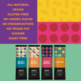 Fruit Snacks by Zest Delites, Fruit Leather Bars, Healthy Snacks for Adults & Kids, Vegan, Dried Apple-Based Pineapple, Mango, Blueberry, Raspberry Strips 0.88 oz x 36