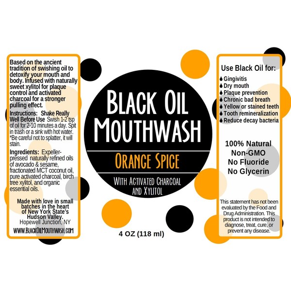 Black Oil Mouthwash, Sweet Orange Cinnamon Spice, Coconut + Sesame + Avocado Oil Super Blend, 4 oz, Activated Charcoal & Xylitol for Oil Pulling. Whitening, Dry Mouth & remineralization