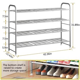 LINZINAR 2 / 3 / 4 Tier Metal Shoe Rack Long Shoes Storage Organizer - Color: Gray - 4 Tier