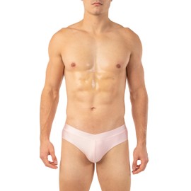 Gary Majdell Sport Men's Bikini Swimsuit with Crossover Waistband - Available in Shiny Tricot, Liquid Metallic, and Nylon Spandex Prints (Baby Pink, S)