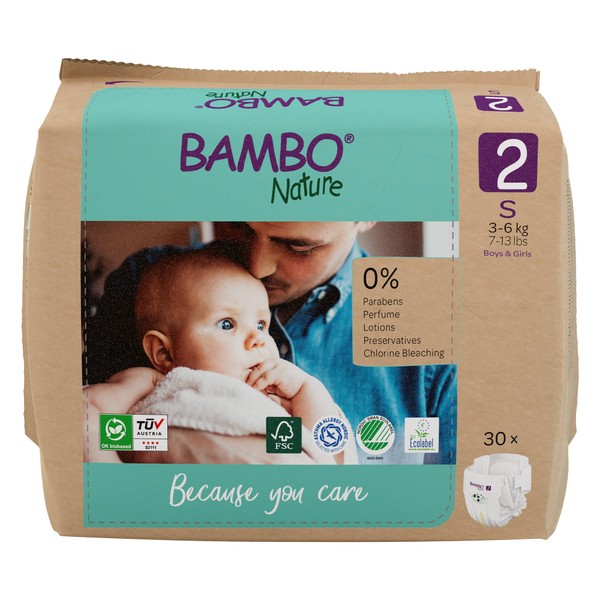 Bambo Nature Premium Eco Nappies, Eco-Labelled Sustainable Nappies, Enhanced Leakage Protection, Secure & Comfortable Baby Nappies, Secure & Comfortable - Size 2 Nappies (7-13lb/3-6kg), Mini, 30PK