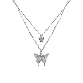 Pingyongchang Bohemian Butterfly Pendant Necklace Choker Silver Layered Crystal Choker Necklace Layered Lace Chain Rhinestone Necklace Insect Chain Necklace Jewelry for Women-Silver