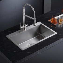 TSIBOMU 25x18 inch Drop-in Kitchen Sink Single Bowl with 2 Holes, 18 Gauge Stainless Steel Handmade Residential Topmount Kitchen Sink 9 inch Deep Basin Bowl (Brushed Nickel)