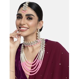 Aheli Wedding Party Wear Bridal Jewellery Gargantilla Long Pearl Collar Pendientes Maang Tikka Indian Traditional Set para Mujeres (Rosa-Conjunto Nupcial)