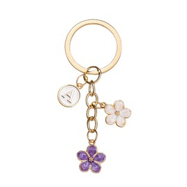 AYYSHULAN Cute Flower Initial Letter Keychain Bag Charms Keyring Aesthetic Accessories Purple White Purse Hangbags Backpacks for Women,A