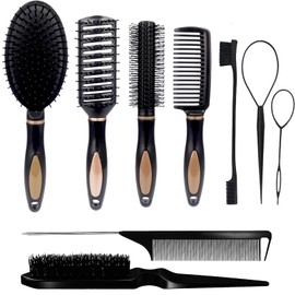 9PCS Professional Hair Brush Kit for Women, Men & Stylists - Anti-Static Detangling & Styling Combs Set with Edge Control, Boar Bristle & Rat Tail Tools for Curly/Straight Hair, Thick/Fine Hair