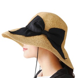 DreamHats Straw Hat with Large Bow (With Folding Button) UV Protection Women's Straw Hat, Beige Mix × Black