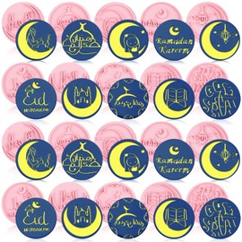 Hoolerry 20 Pcs 10 Styles Eid Mubarak Cookie Cutters with Plunger Stamps Set Ramadan Islamic Muslim Biscuit Mold Eid Star Lantern Moon 3D Cookie Stamper Mini Plastic DIY Tools Fondant Baking Supplies