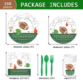 168PCS Football Theme Party Supplies Football First Year Down Birthday Party Baseball Game Include Dessert Plate Dinner Plate Paper Napkins Cups Forks Spoons Knives Disposable Dinnerware for 24 Guests