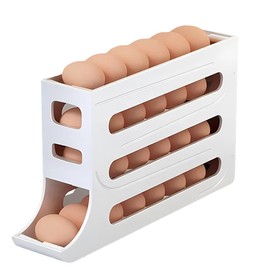 IKOPFLN 1 x Egg Holder for Fridge, Egg Storage Fridge, Egg Holder with 4 Levels for Fridge, Fridge with Rolling Egg Storage Box, Fridge Organiser Eggs (White), a