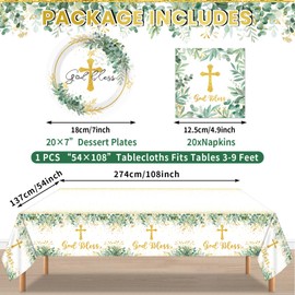 Naozinebi 41 Pcs God Bless Plates Baptism Tableware First Holy Communion Mi Bautizo Disposable Plates Napkins Tablecloth for Newborn Baby Shower Party Christening Religious Party Decorations