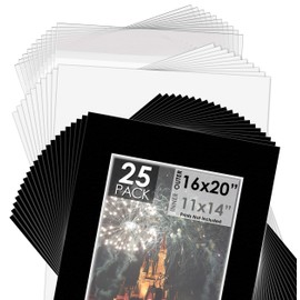 Mat Board Center, Acid-Free Pre-Cut 16x20 Picture Mat Set. Includes a Pack of White Core Bevel Cut Mattes for 11x14 Photos, Backers & Clear Bags (Black, 25-Pack)