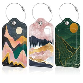 Set of 3 Luggage Tag for Suitcase Moon Golden Mountain Leather Suitcase Tags Identifiers with Privacy Cover Stainless Steel Loop and Address Card for for Women Men Baggage Handbag Backpack