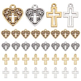 PH PandaHall 2 Styles Heart Cross Charms 100pcs Tibetan Style Crucifix Charms 2 Colors Hollow Heart Charm Gold Silver Love Pendant for DIY Craft Jewellery Making Easter Valentine