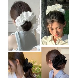 2 PCS White Large Lace Scrunchies for Women Oversized Scrunchy Hair Ties Satin Hair Scrunchies Black Ponytail Hair Holder Elastics Ties Accessories for Women Girl Thick Curly (White and Black)