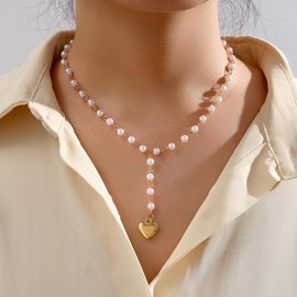 Dainty Gold Heart Pearl Pendant Necklaces for Women Adjustable Love Pearls Drop Choker Necklace Charm Heart Beaded Y Necklaces Jewelry Accessories (Gold)