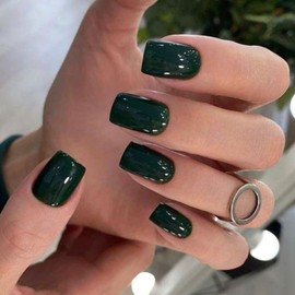 Modelones 32Pcs Green Fall Press on Nails, Upgrade Short Square Fake Nails, Reusable Nail Kit with Nail Glue Adhesive Tabs Mini Nail File, Nails Press Ons 16 Sizes