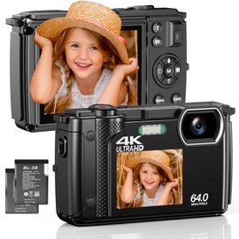 4K Digital Camera, 64MP Dual-Lens Vlogging Camera for Photography and Video 30FPS, Autofocus Anti-Shake, Selfie YouTube Camera, Digital Camera with Flash, SD Card, 2 Batteries
