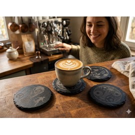 4 Posavasos de Pizarra Negra 10cm, Cuadrados con Borde Natural - Elementos de Fútbol la Copa Mundial, Base Antidesgaste para Bebidas, Bar, Vasos, Café, Cocina y Decoración del (Redonda)