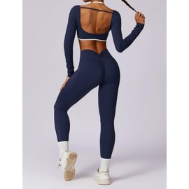AGYMNX Workout Sets for Women 2 Piece Outfits Seamless High Waist Leggings Yoga Long Sleeve Crop Tops Athletic Gym Sets Blue L