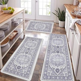 Boho Kitchen Rugs Non Slip Washable Set of 3 with Runner Rugs Rubber Backing Non Skid Kitchen Mats for Floor Farmhouse Kitchen Rugs and Mats for Hallway Kitchen Holiday Decor - Color: grey, Size: Set of 3
