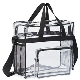 Clear Tote Bag, 12×12×6 See Through Transparent Stadium Airport Concert Beach Approved Large Crossbody Heavy Duty Plastic PVC Bag for Boy Girl Women Men Work Gym School Pool with Zipper Pocket