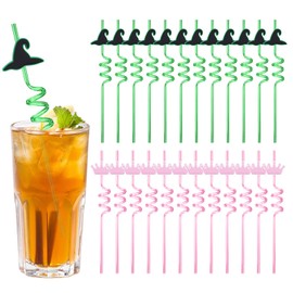 24Pcs Green and Pink Drinking Straws Witch Hat and Pricess Crown Drinking Straws Reusable Plastic Straw Party Favors for Magic Witch Themed Birthday Back to School Bachelorette Party Bridal Shower