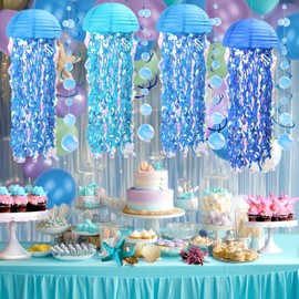 Joymee Jellyfish Decor Blue Hanging Jelly Fish Paper Lanterns Transparent Bubble Garlands Mermaid Party Decorations Under The Sea Ocean Baby Shower Birthday Party Supplies Gifts for Women Girls