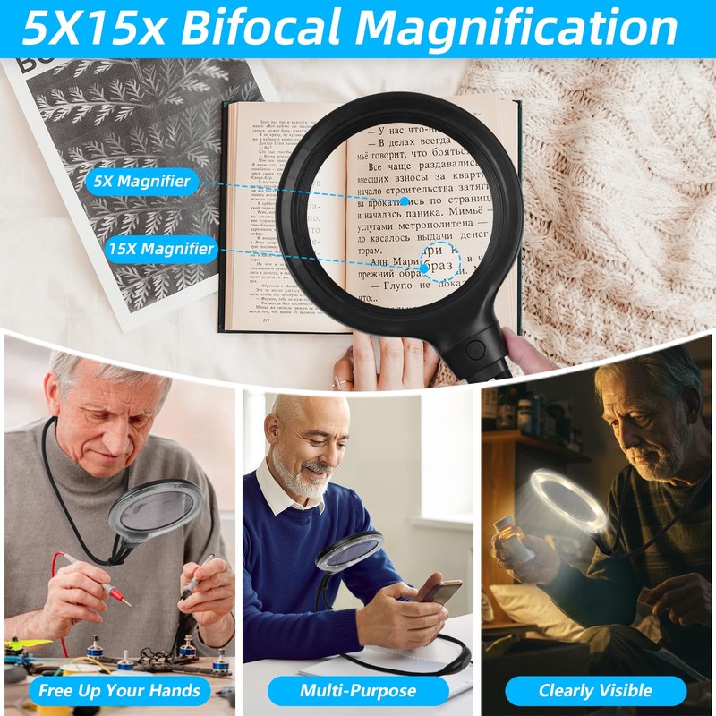 Hands Free Magnifying Glass with Light for Reading and Sewing