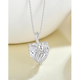 Guesma Cubic Zirconia Mother Mom Heart Necklace for Women - 12mm Solid Sterling Silver 18K White Gold Plated Mum Hold Hug Created Birthstone Pendant Anniversary Love Jewelry