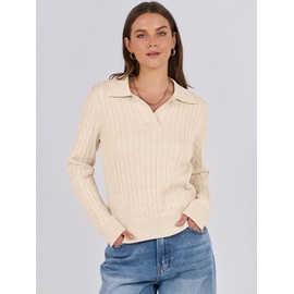 ANRABESS Womens Cable Knit Sweaters Long Sleeve V Neck Sweater Tops Casual Pullover Polo Shirts 2024 Fall Fashion Outfits Beige L