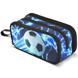 ALAZA Soccer Large Pencil Case, Blue Lightning Pen Pouch Pencil Bag with 3 Compartments Pen Holder Organizer Stationery Bag