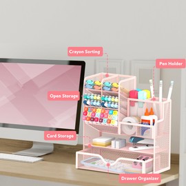 SUPEASY Mesh Pen Holder for Desk, Improved Desk Organiser with Drawer, Versatile Pen Organiser, Desk Organiser and Accessories for Office and Art Accessories (Pink)