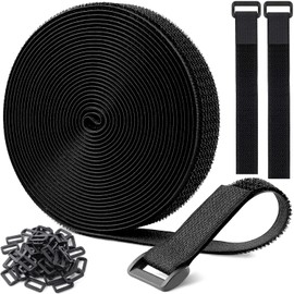 Velcro Cable Ties 6 m + 25 Buckles Included, Binding Tape, Fastening Belt, Fastening Belt, Fastening Velcro, Tape, Strong, Heat Resistant, Wire Organization, Cut Freely, Repeatedly, Luggage Packing, Storage Tape (Black)