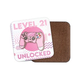 Square Single Coaster - Girl Gamer Happy Birthday 21 21st Twenty-one Twenty One First Level Unlocked Gaming Game Girly Pink Partner Controller Women Gift #78636