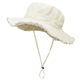 MLPKOI Sun Hats for Women, Foldable Summer UV Protection Beach Hat Wide Brim Packable Bucket Hat with Frayed Edge Adjustable Fishing Hat for Hiking Gardening Outdoor White